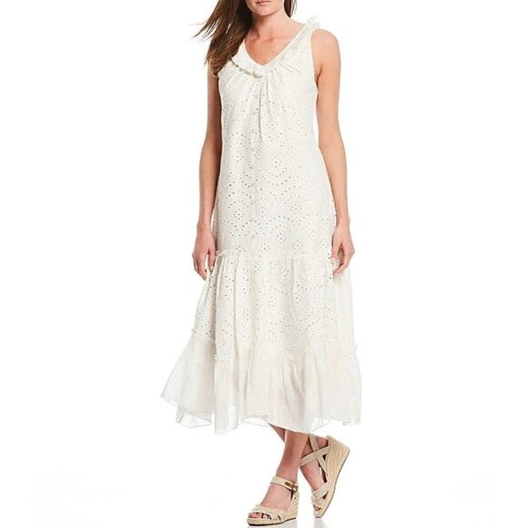 Reba Large Embroidered Dress Pullover Fringe Eyelet Solid White Sleeveless Midi - Picture 1 of 14